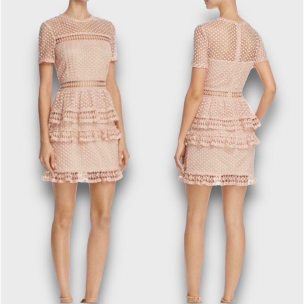 Aqua Blush Pink Boho Crochet Lace Dress Short Sleeve Tiered Ruffle Skirt Women S - Picture 3 of 8